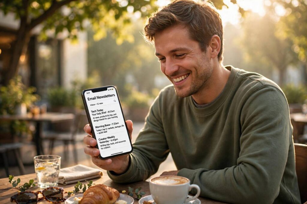 Person happily reading email newsletters on a phone in the morning sunlight