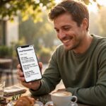 Person happily reading email newsletters on a phone in the morning sunlight
