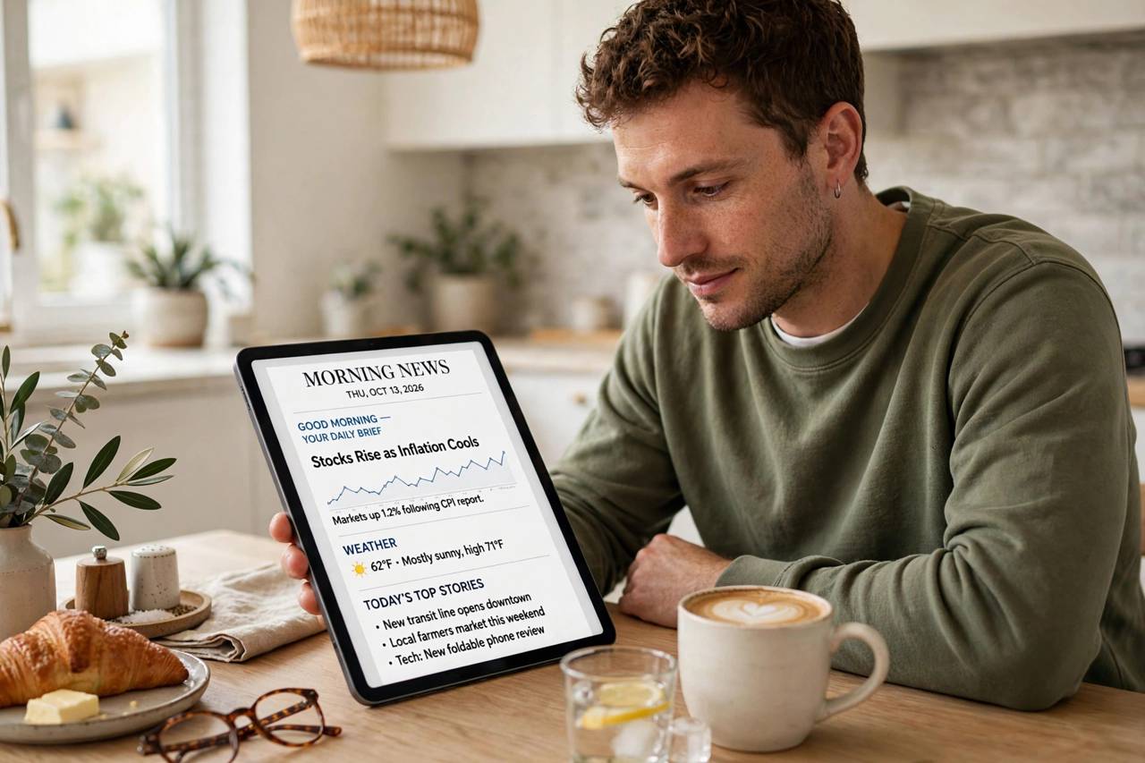 Person reading a morning news newsletter on a tablet with coffee at a bright kitchen table