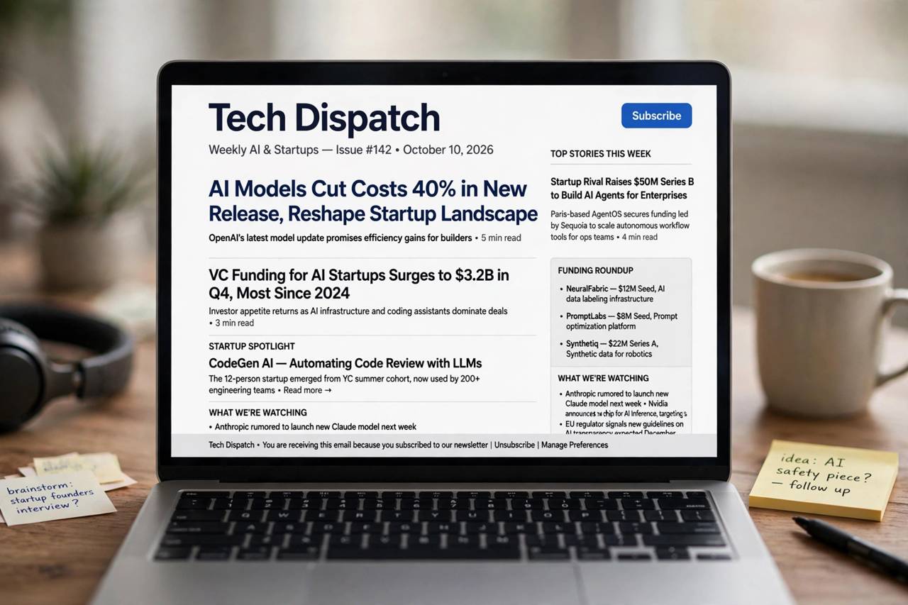 Laptop screen showing a tech newsletter with headlines about AI and startups