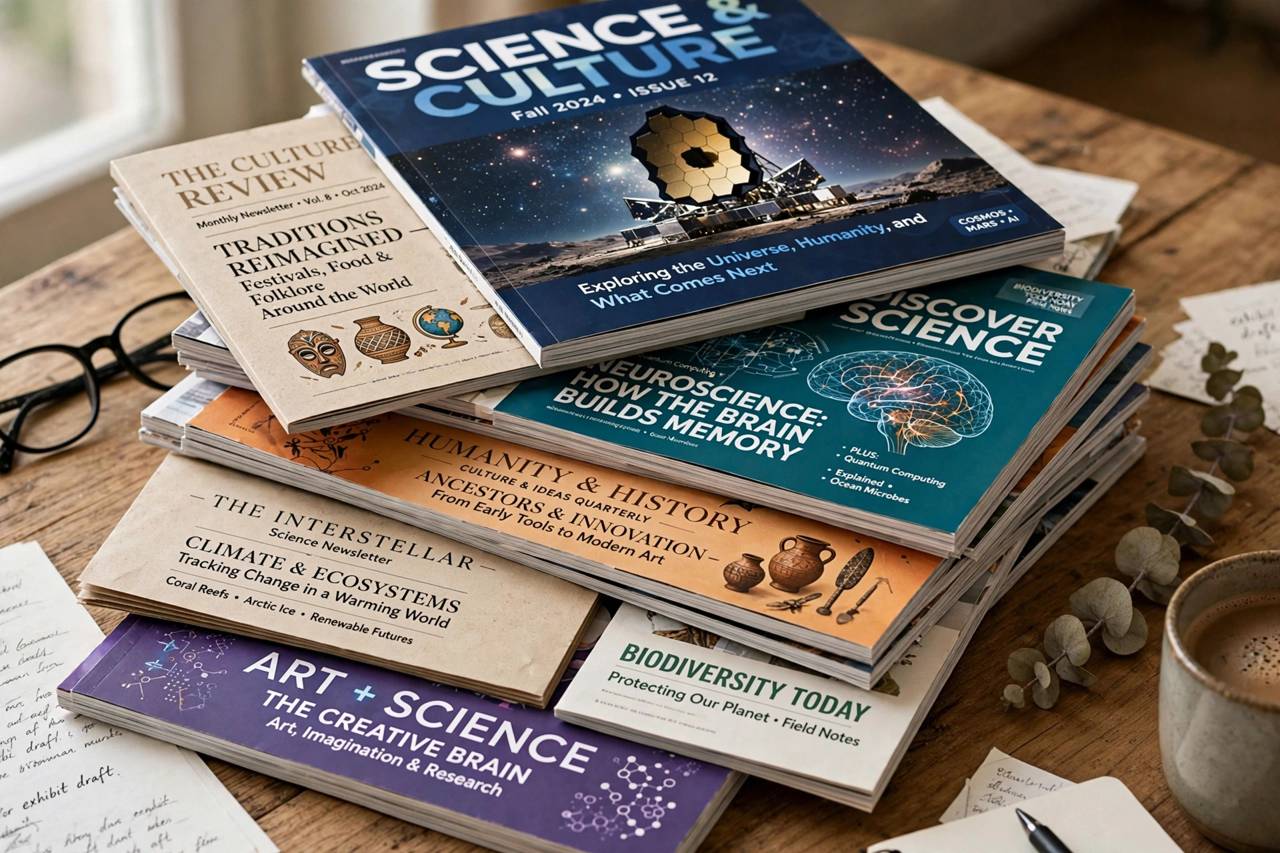 Stack of printed newsletters and magazines on interesting science and culture topics