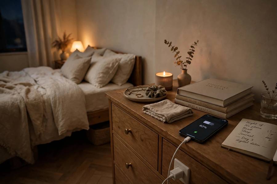 Phone charging away from bed for the best night routine