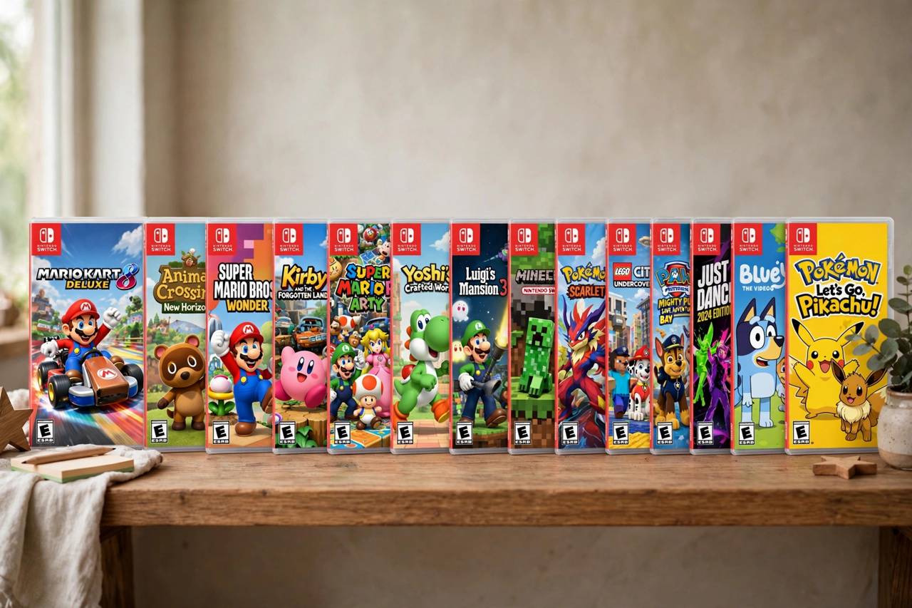 Colorful lineup of Nintendo Switch game cases on a shelf