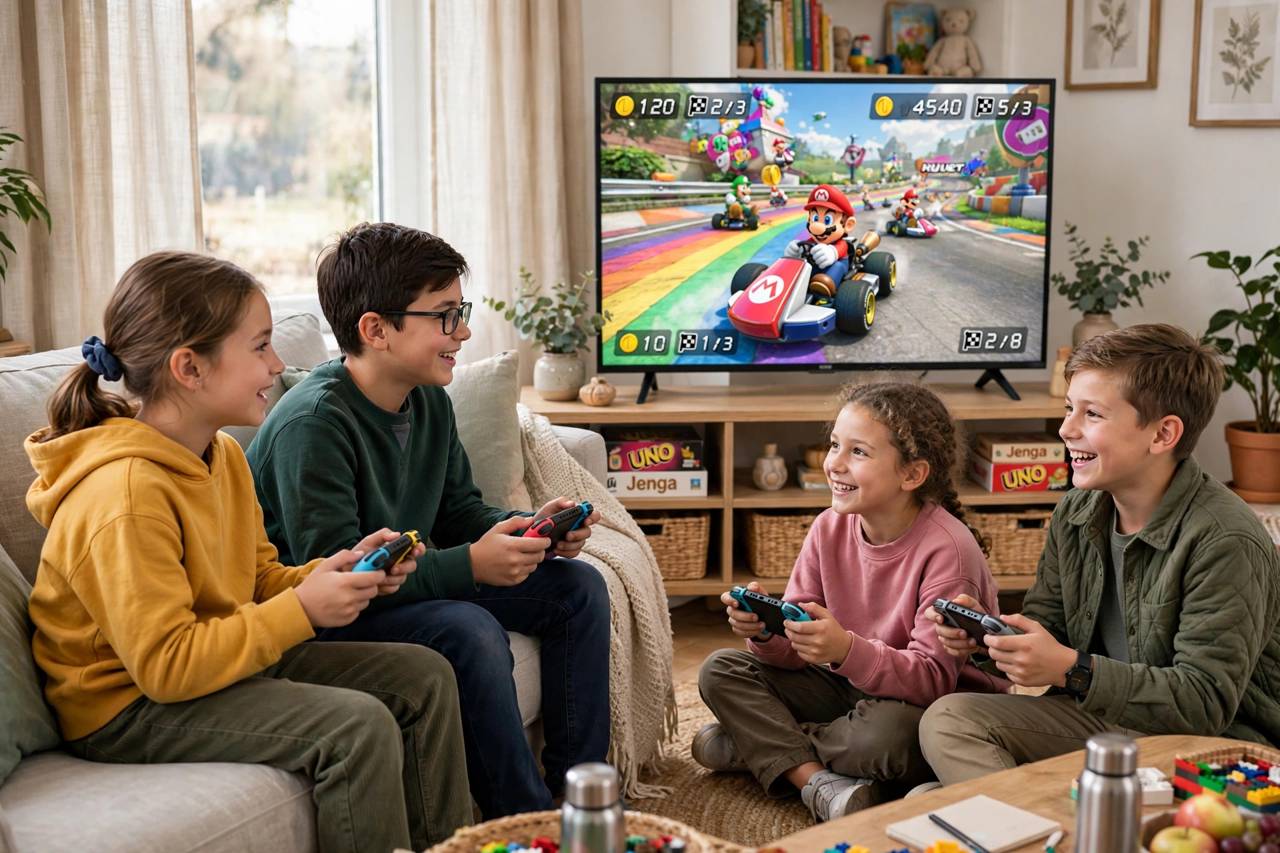 Kids playing multiplayer Switch games together in a bright living room