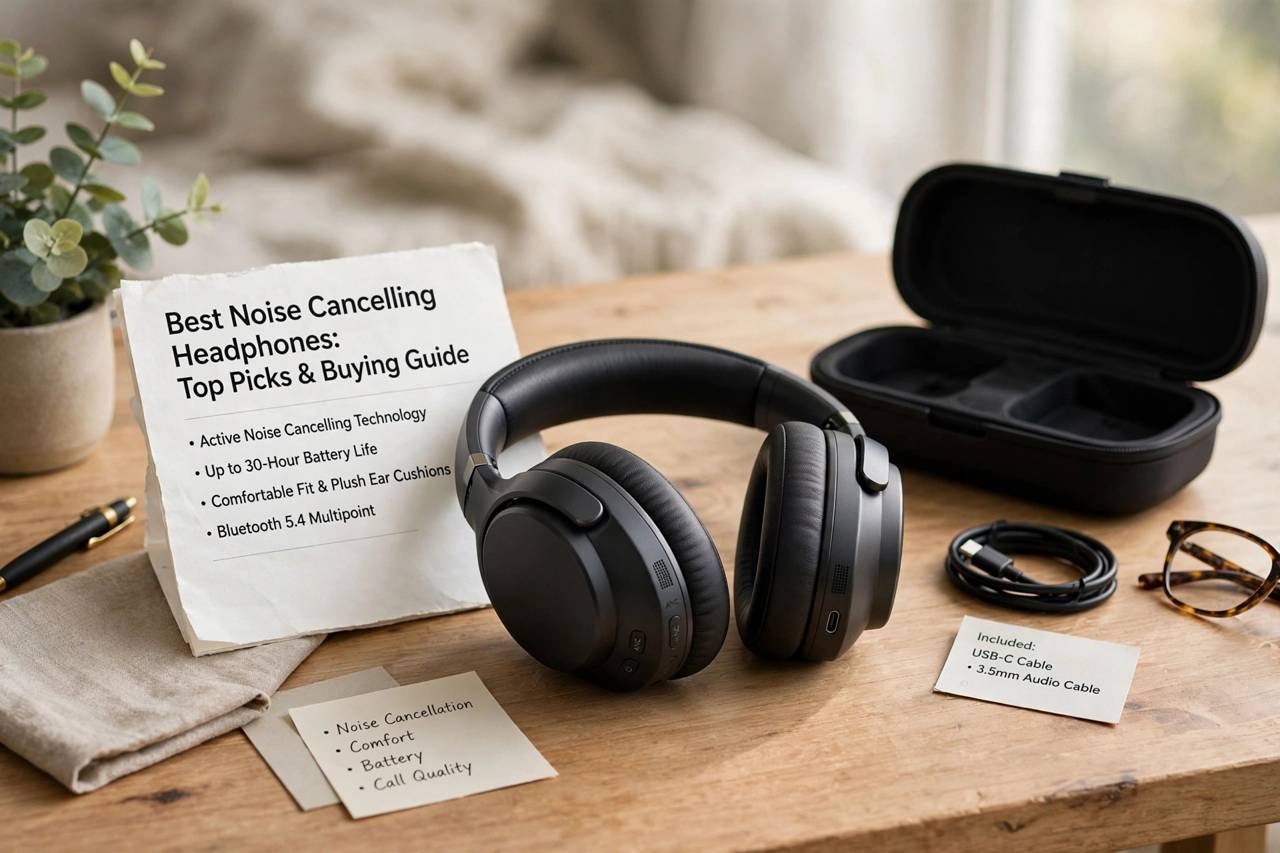 Premium noise cancelling headphones on a desk