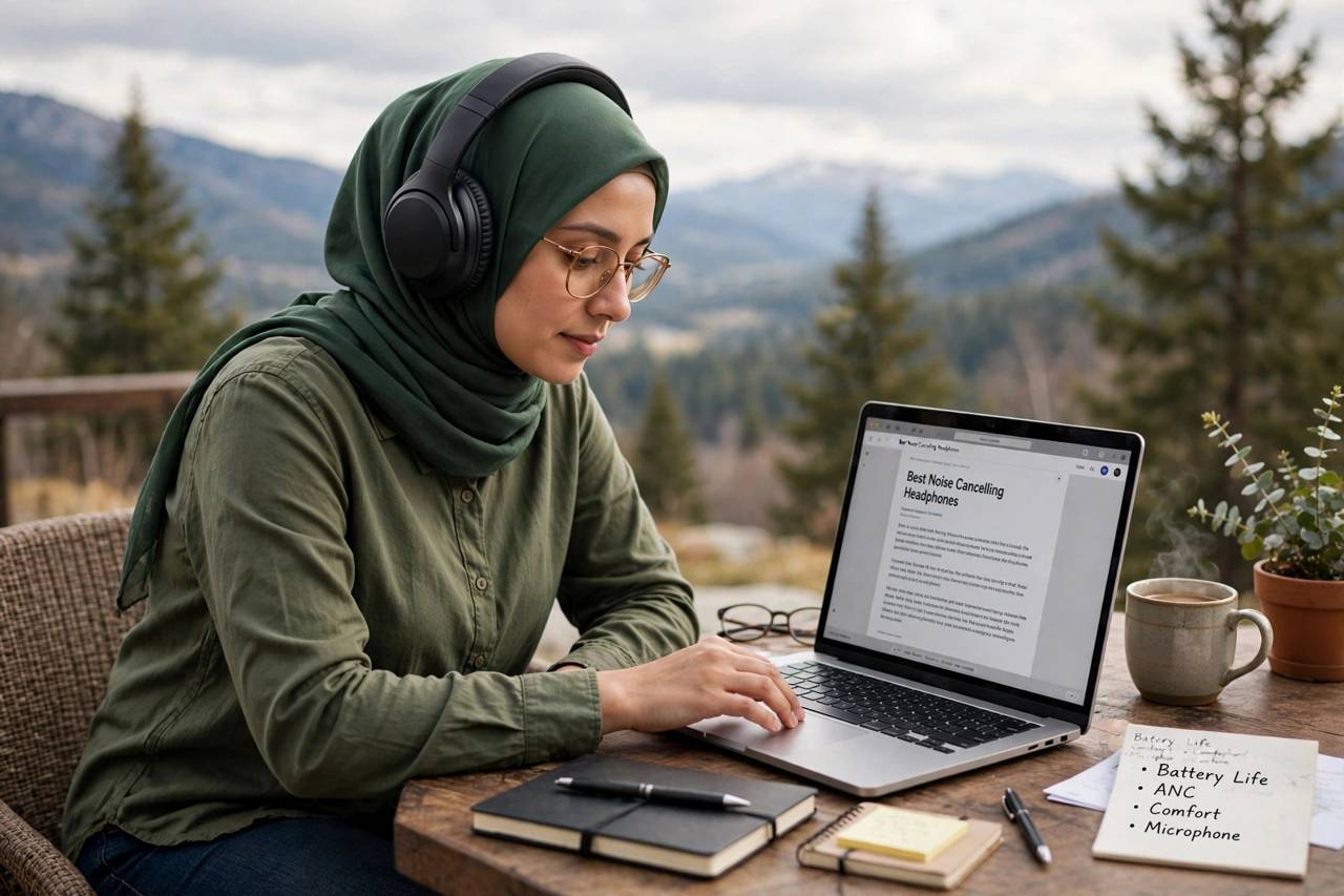 Person wearing comfortable over-ear headphones while working