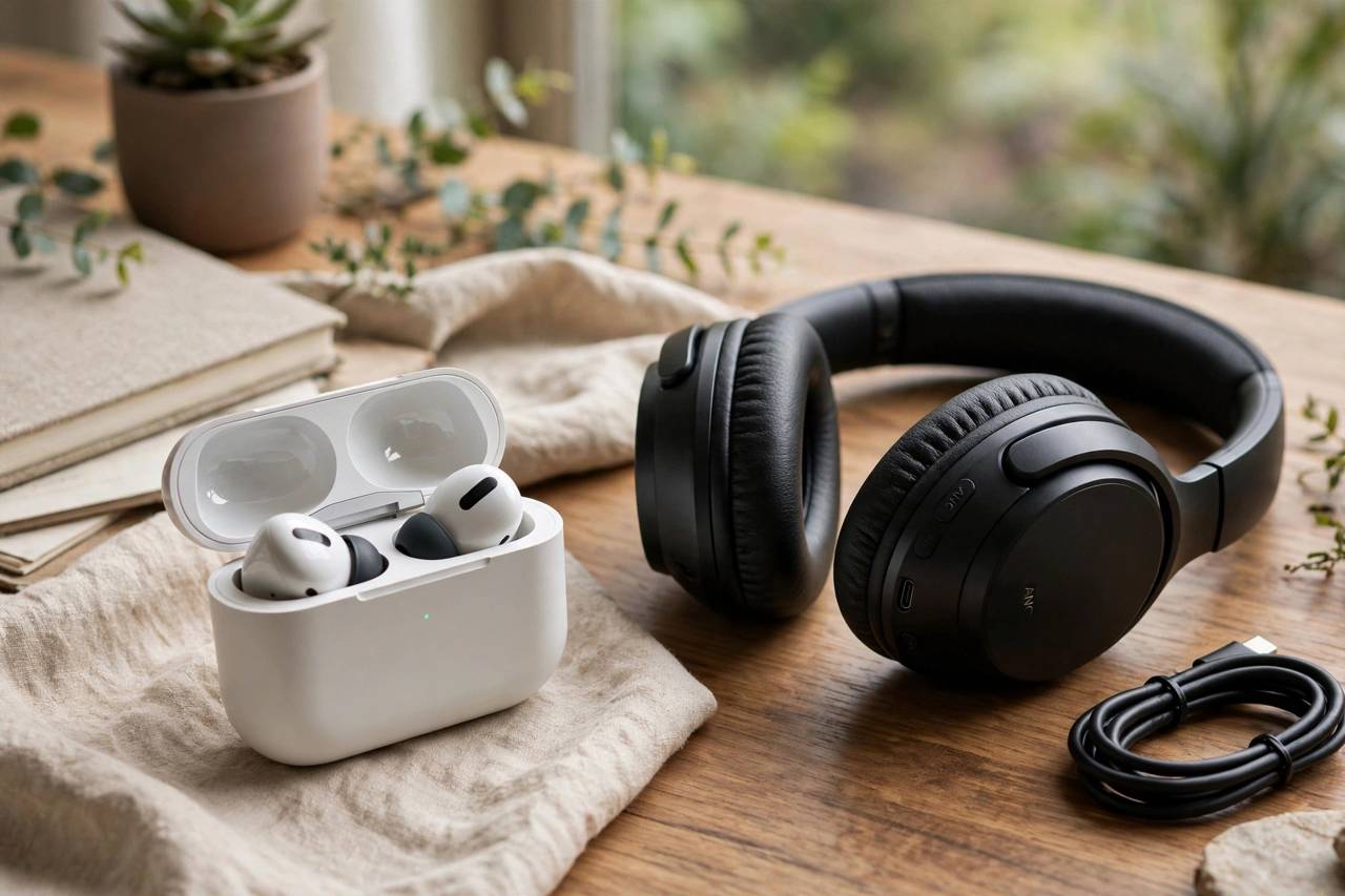 Wireless earbuds in a charging case next to over-ear headphones