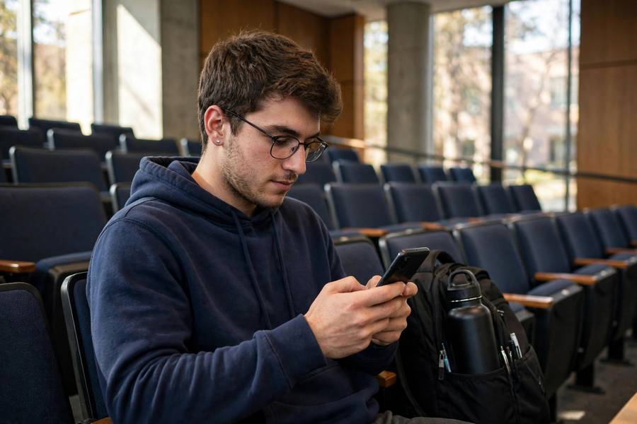 Student taking notes on an Android phone in a lecture hall