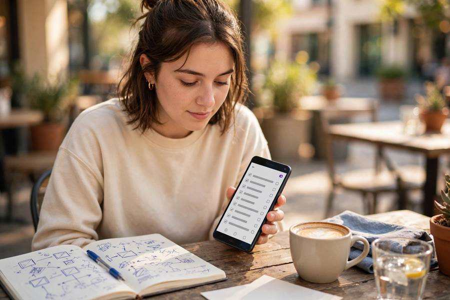 College student organizing notes on an Android phone at a cafe