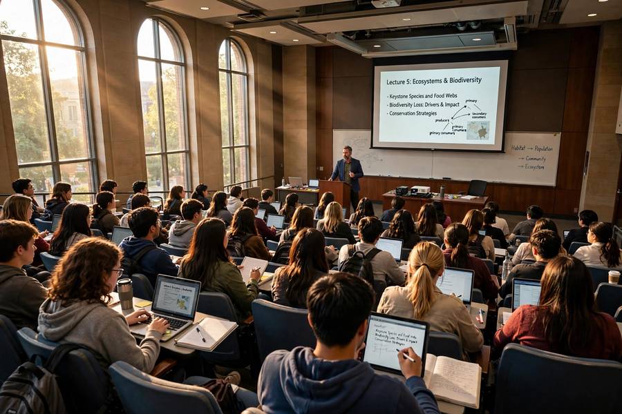 College students taking digital notes during a lecture