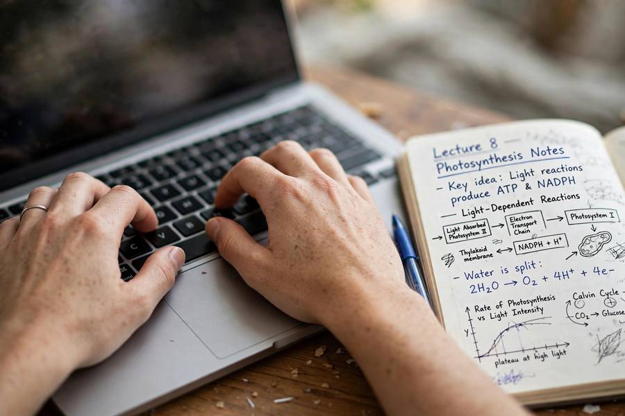 Student typing lecture notes on a laptop with notebook nearby