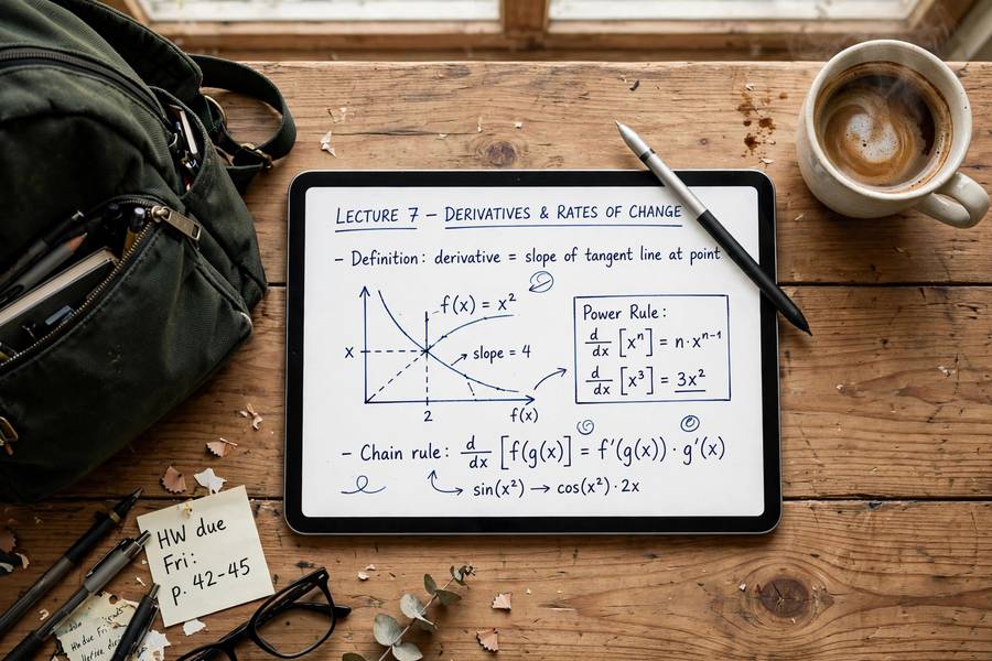 Tablet with stylus displaying handwritten lecture notes