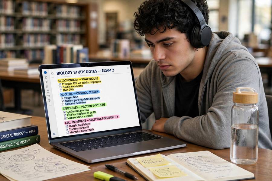 Student reviewing organized digital notes at the library