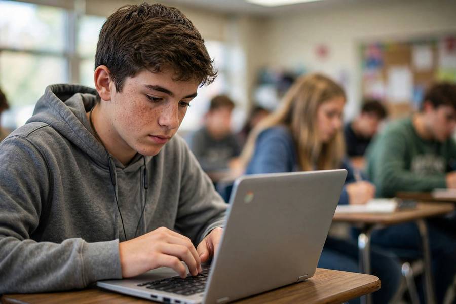 Student taking notes on Chromebook in classroom
