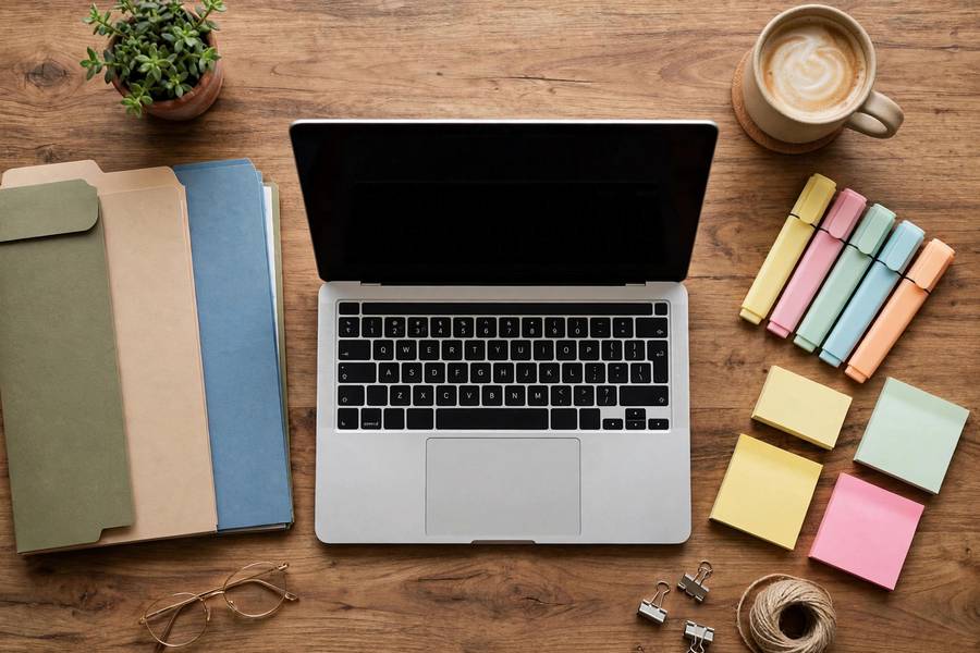 Organized digital study setup with laptop and stationery
