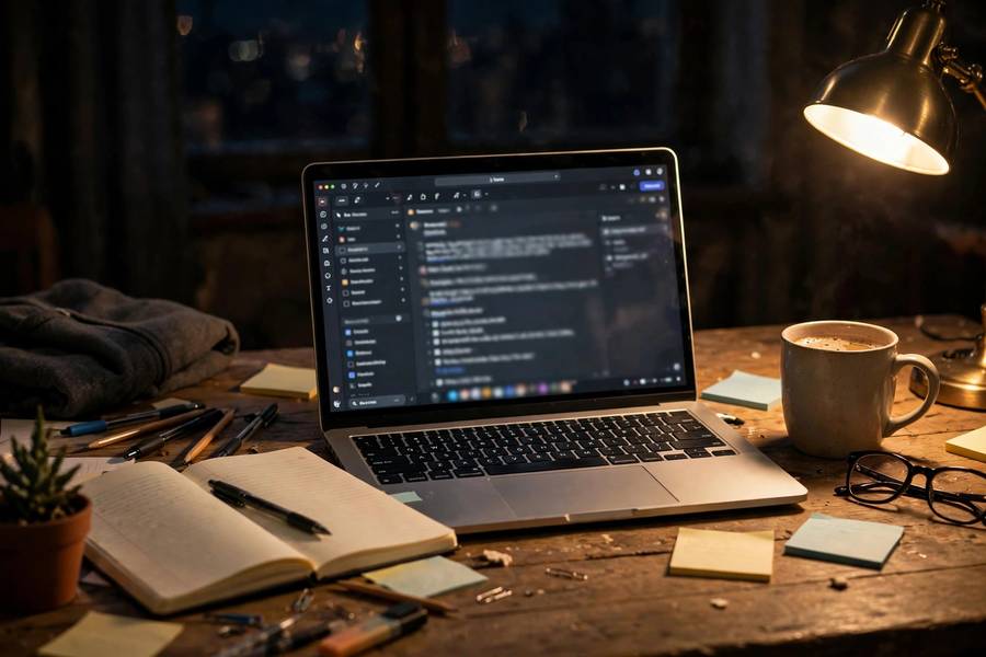 Student using one of the best note taking apps on a laptop at a night study desk