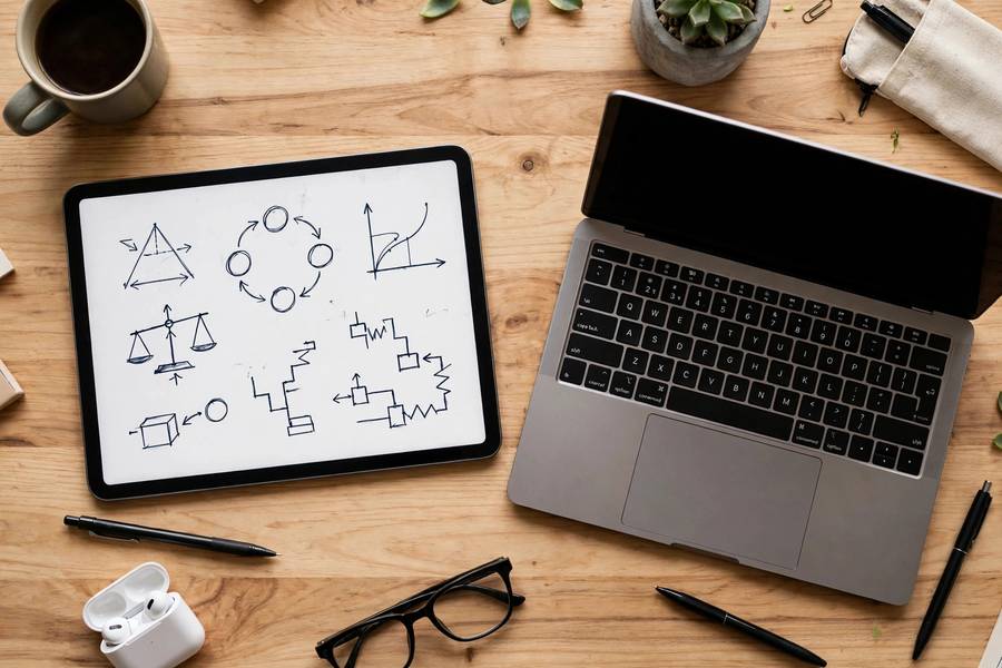 Tablet with handwritten diagrams beside laptop