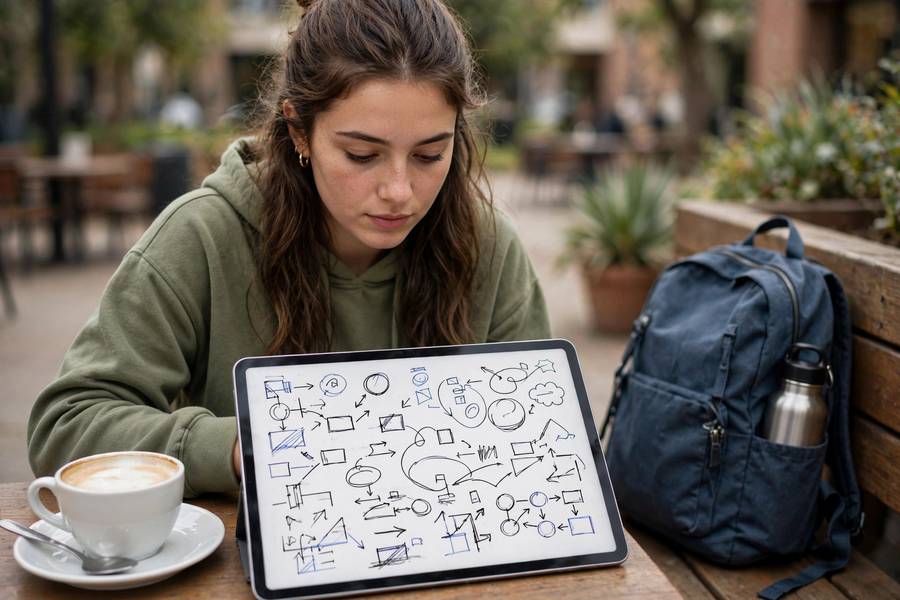 Reviewing digital handwritten notes at campus cafe