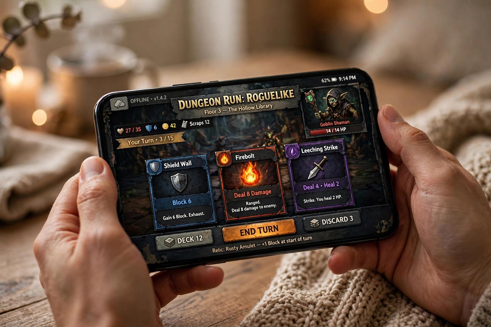 Offline roguelike mobile game with strategic card gameplay
