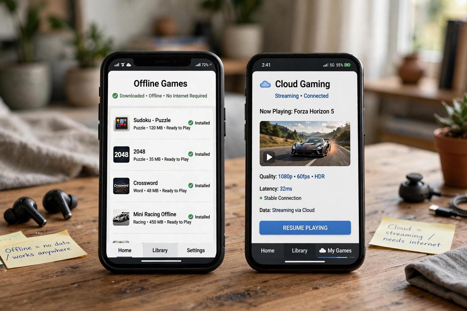 Comparing offline mobile games with cloud gaming on a phone