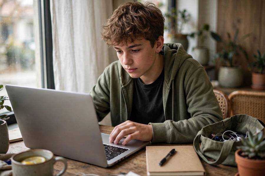 Teenager working on laptop starting online business