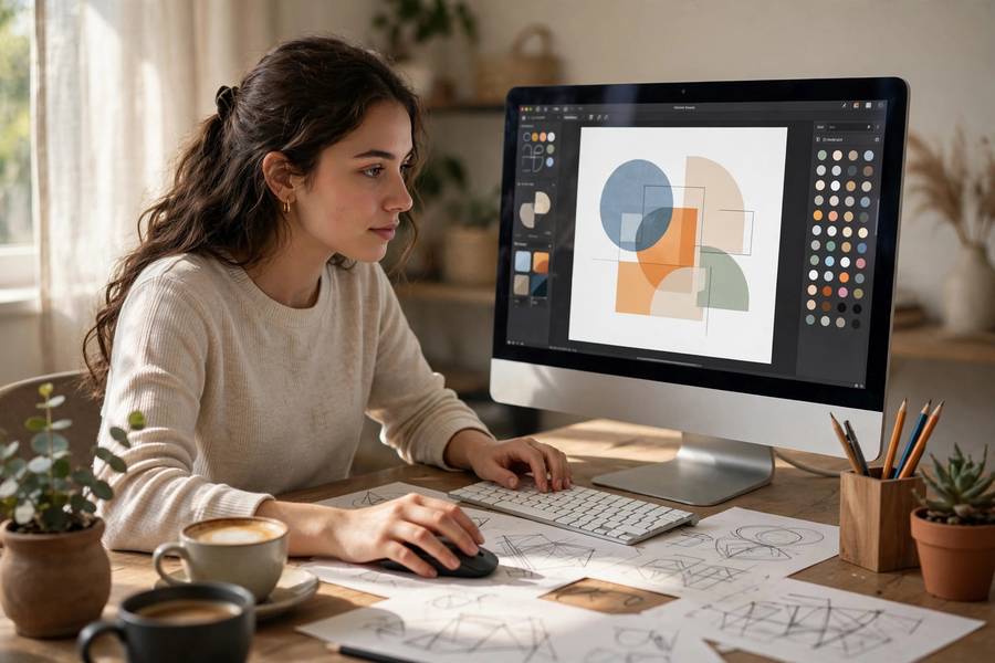 Young person designing graphics on computer