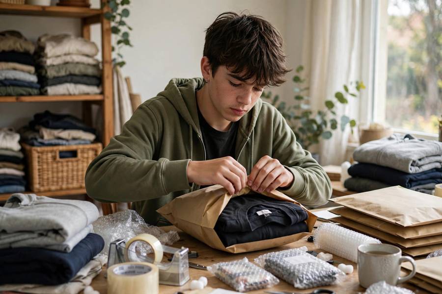 Teen packing products for online reselling business