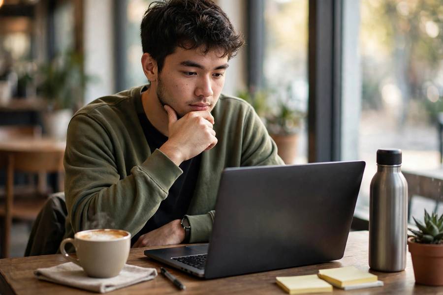 Beginner entrepreneur comparing business models on laptop