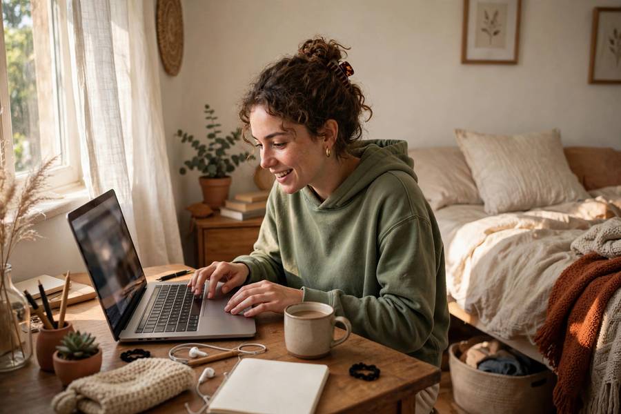 Person launching first online store from bedroom