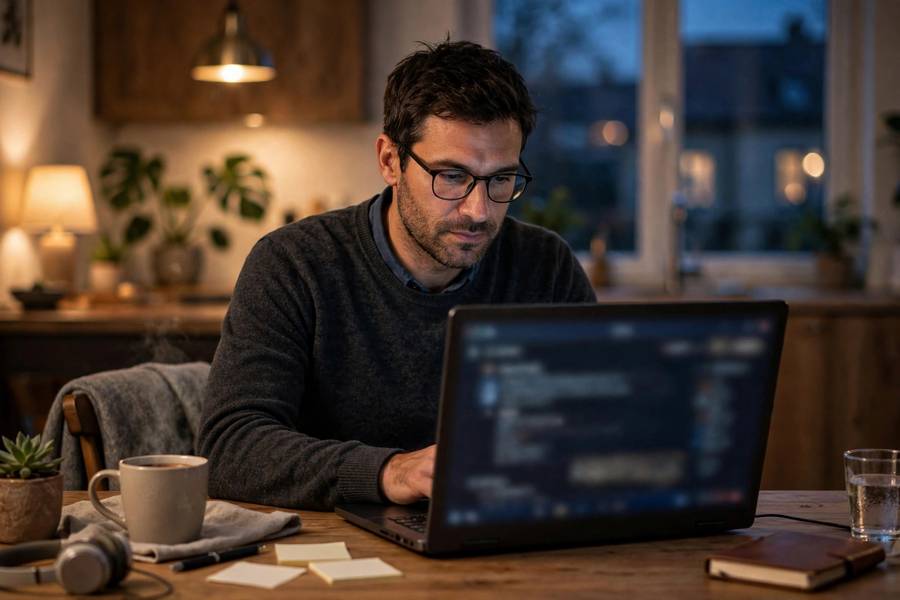 Professional studying an online MBA course on a laptop at home in the evening