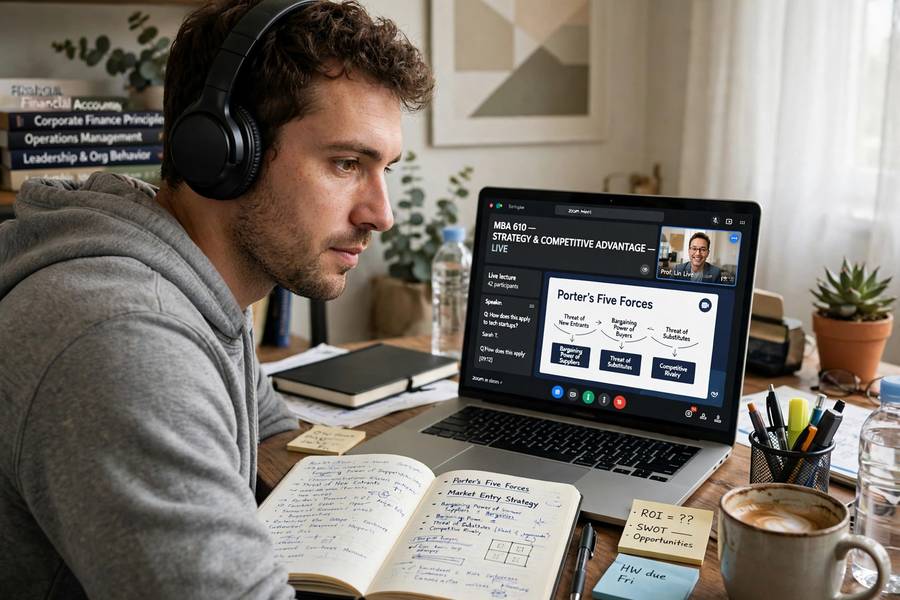 Adult student attending a live virtual MBA lecture with headphones