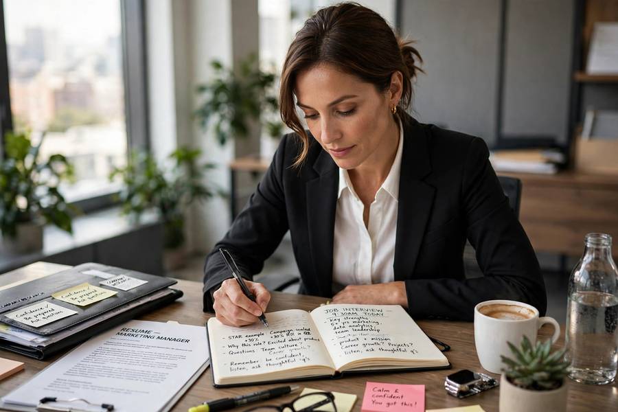 Business professional preparing notes before a job interview