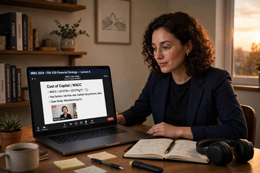 Working professional attending a virtual MBA class from a home office