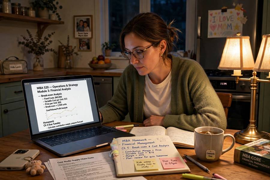 Parent studying MBA coursework on a laptop late at night