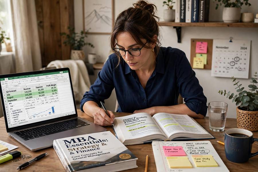 Professional balancing work spreadsheets and MBA study materials