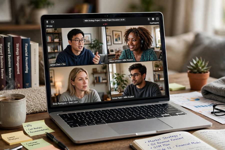MBA students collaborating in a video call on a laptop