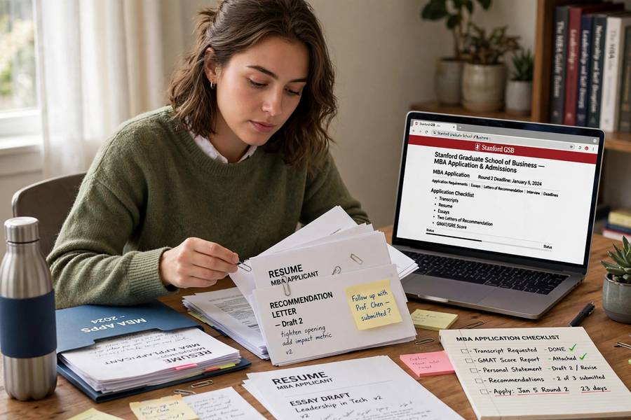 MBA applicant organizing application materials at a desk