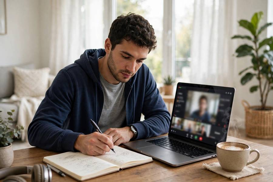 Professional writing an MBA application essay on a laptop