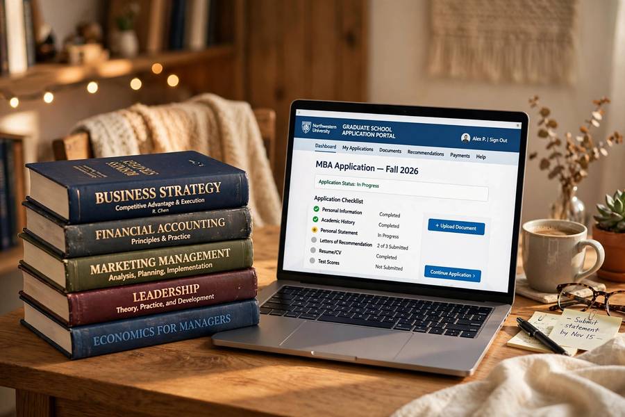 Stack of business books beside a laptop with application portal