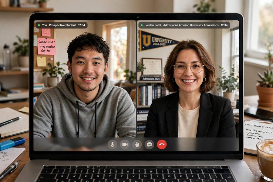 Prospective student on a video call with an admissions advisor