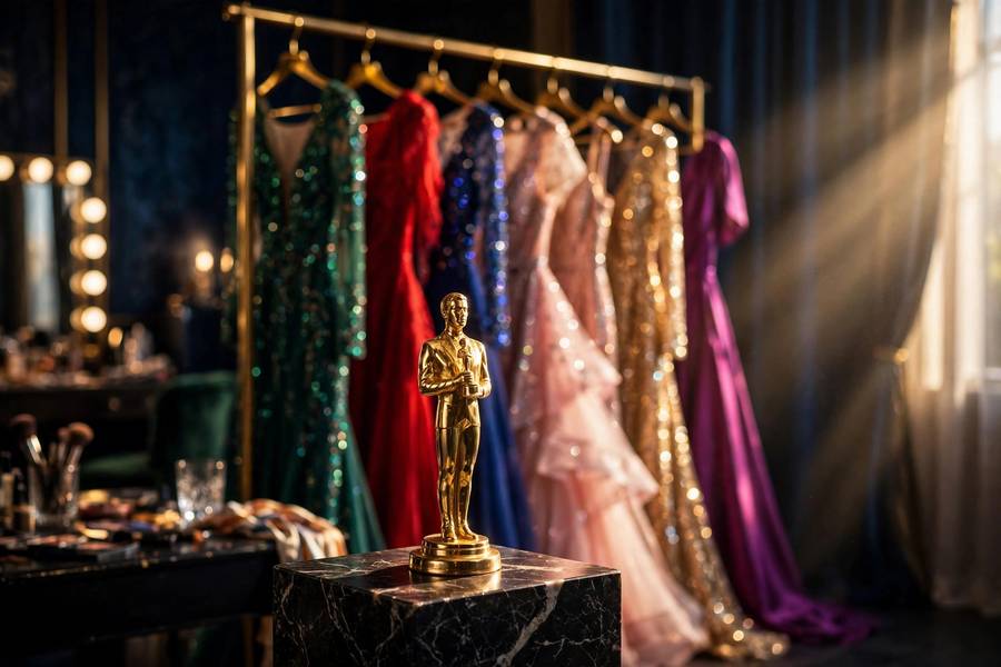 Golden awards statuette with evening gowns from the best Oscars red carpet dresses