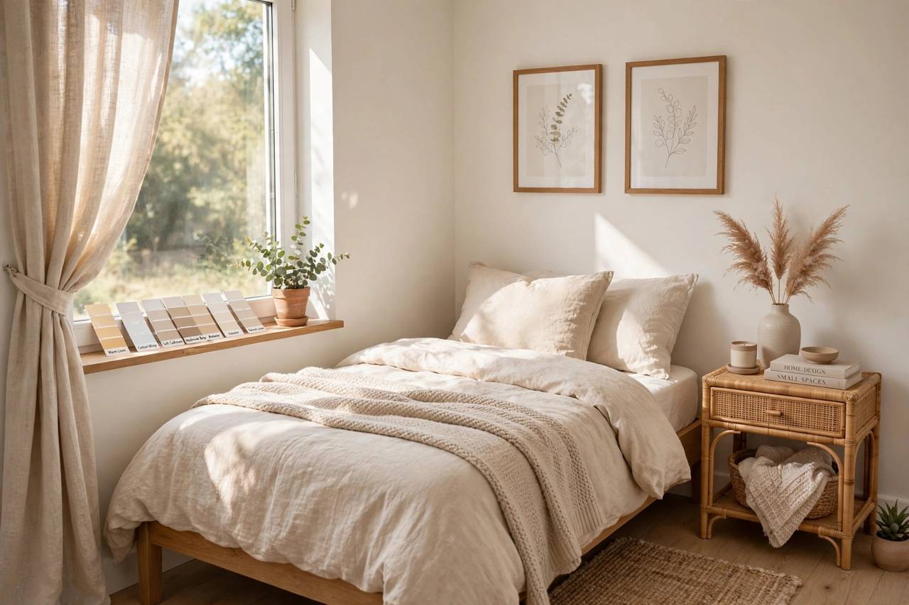 Small bedroom painted in soft warm white with natural light