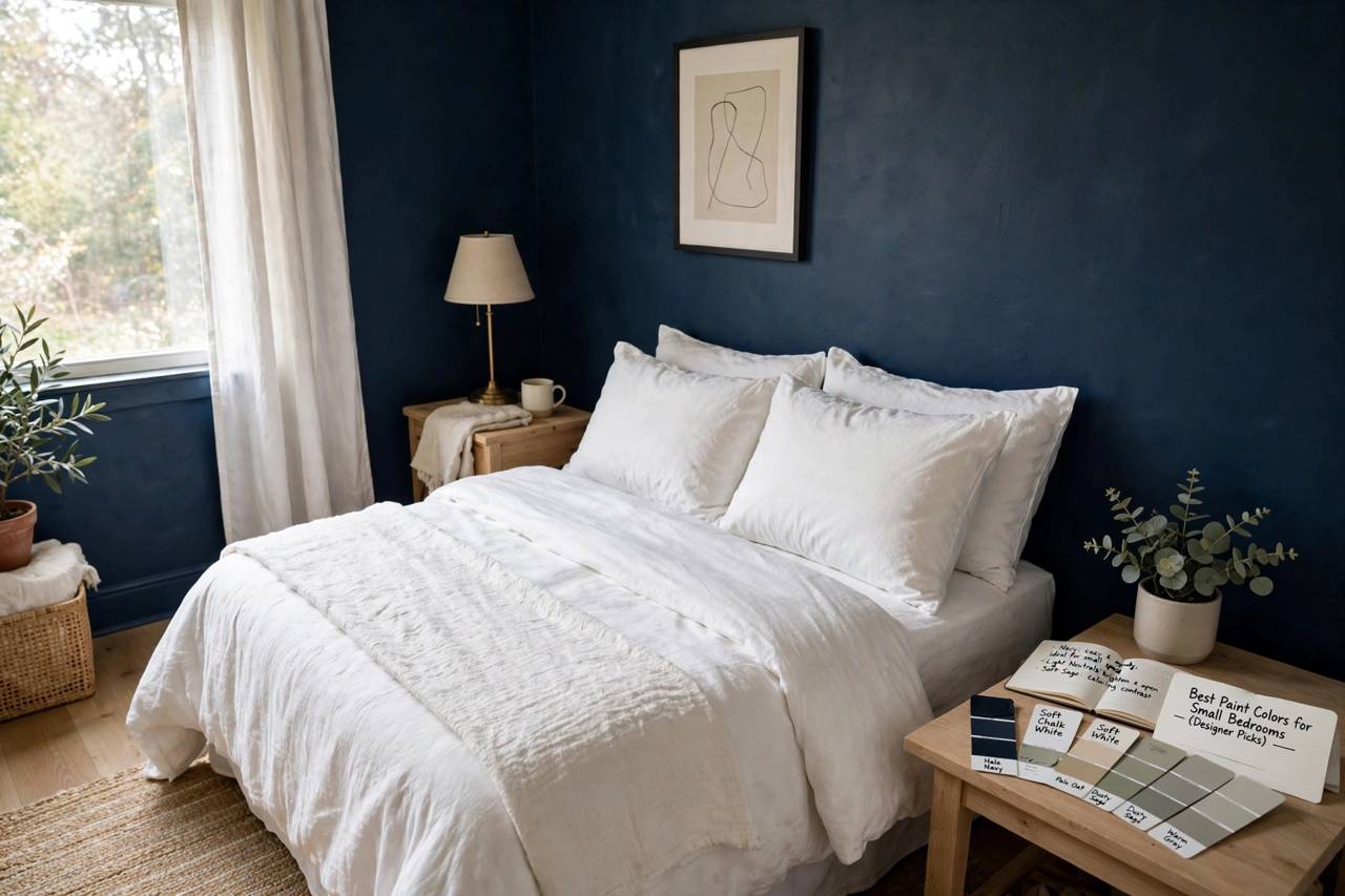 Small bedroom with deep navy walls and white bedding
