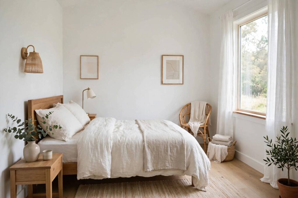 Small bedroom painted in soft white making it feel spacious