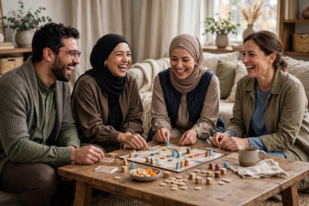 Group of adults in modest casual clothing laughing while playing a board game around a living room table