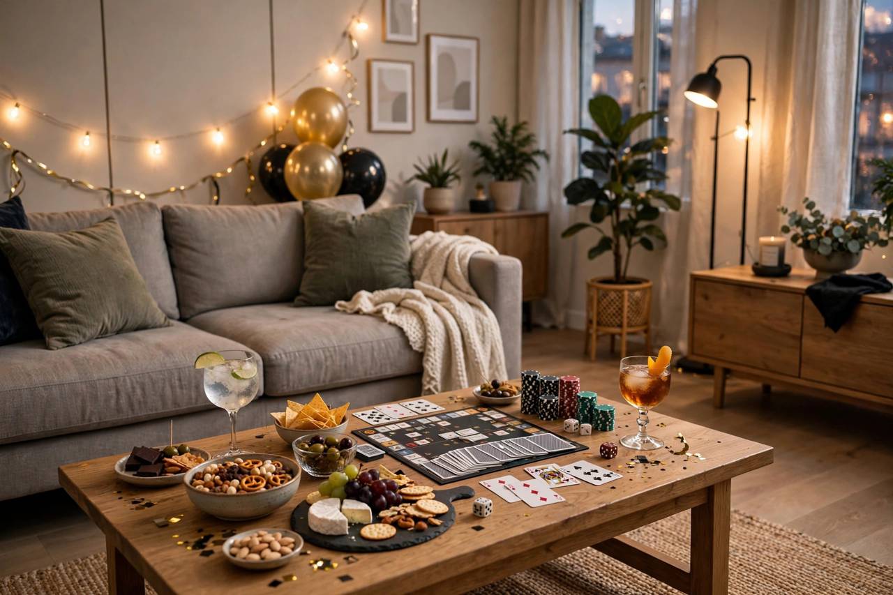 Living room decorated for an adult party with snacks and game setup on a coffee table, no people