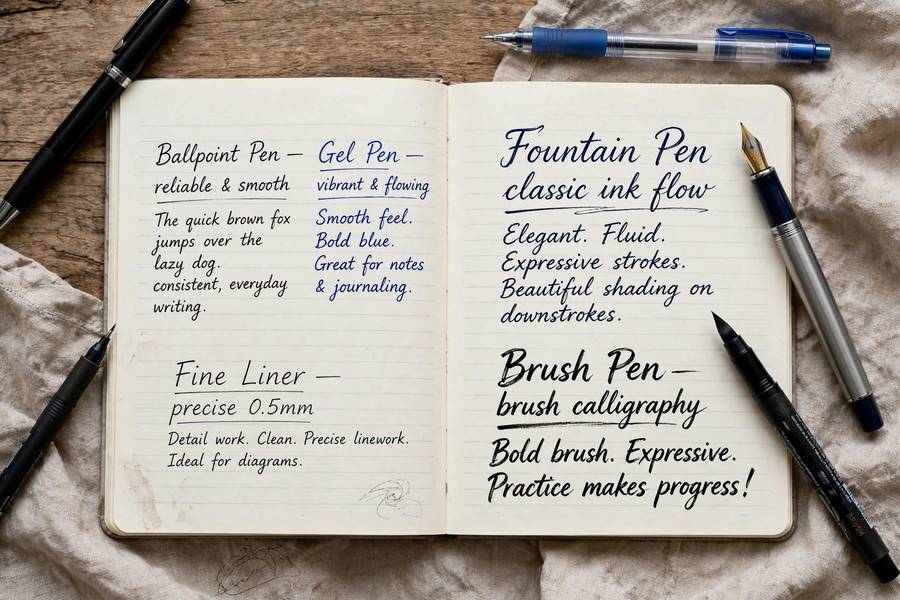 Handwriting samples comparing different pen types