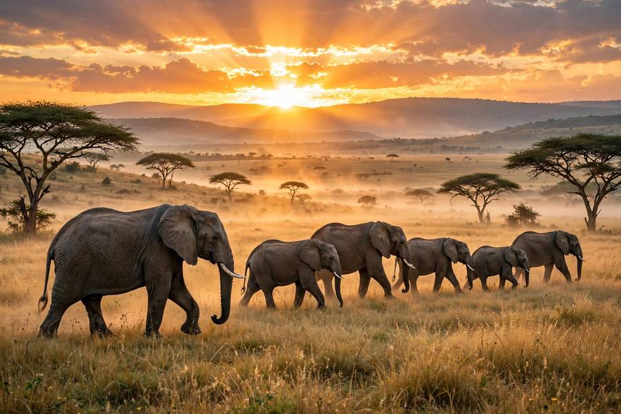 Elephants in the Serengeti at dawn, an unforgettable entry among the best places to travel in the world