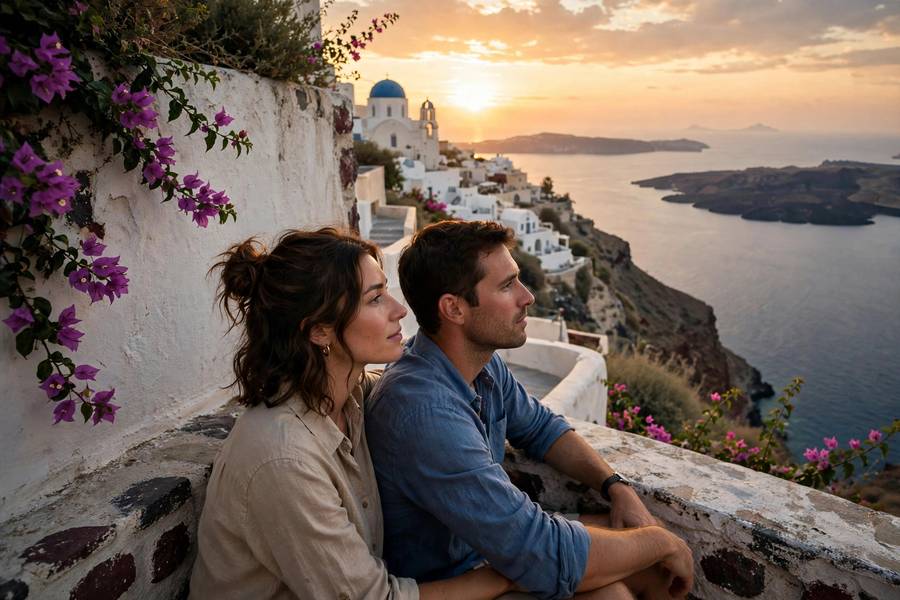Couple watching sunset in Santorini Oia with caldera