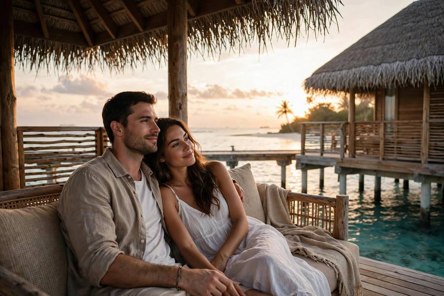 Couple in overwater bungalow Maldives at sunrise
